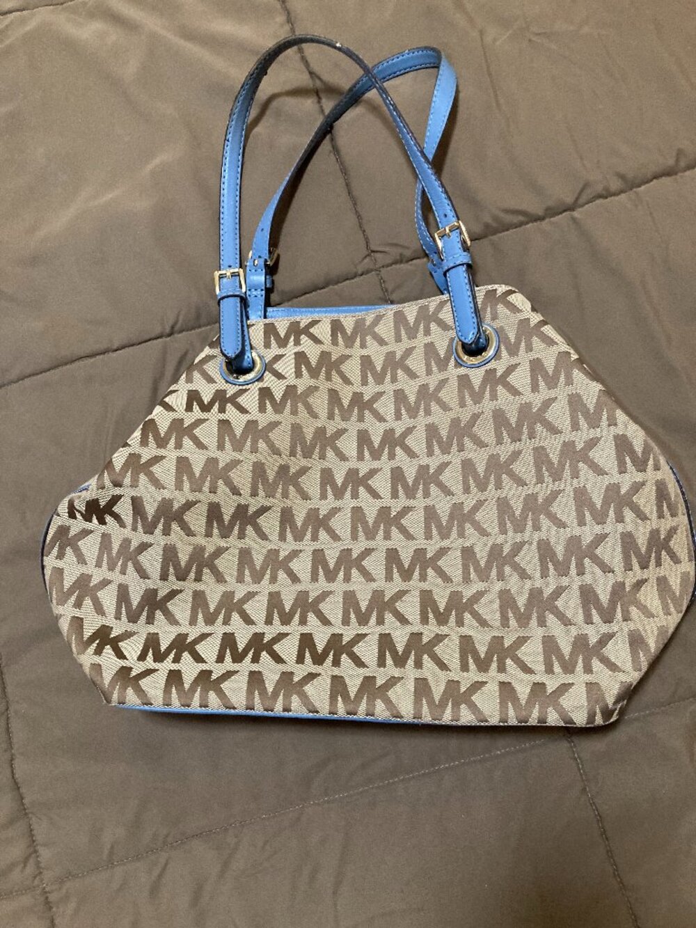 Michael Kors Jet Set Jacquard Tote Brown with Blue Handles